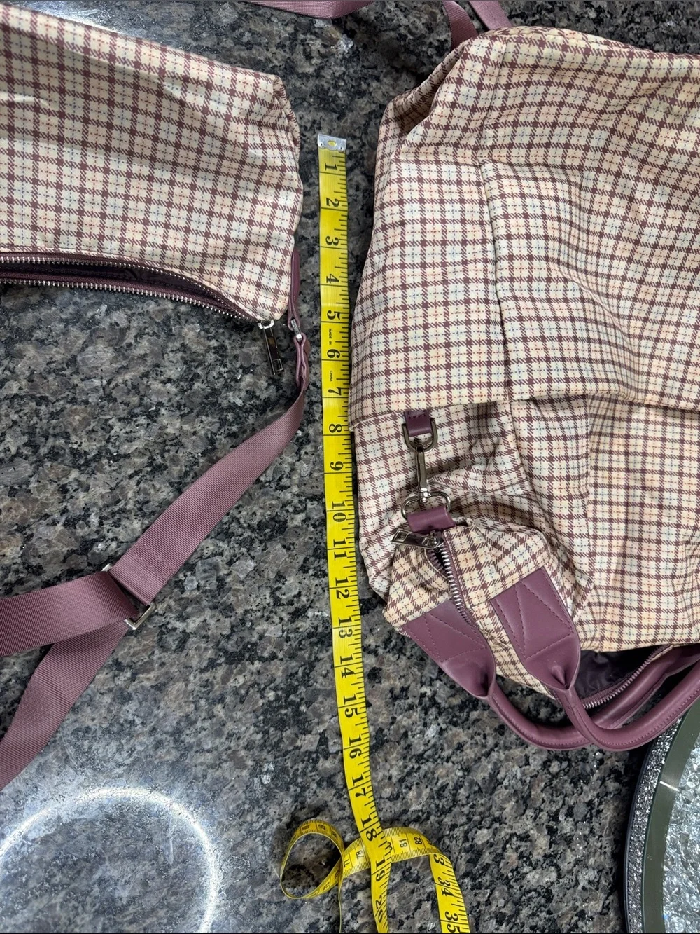 a new day Plaid Backpack and crossbody combo with purple Accents